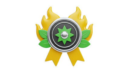 3D Rendered Award Ribbon with Flames and Green Leaves