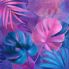 Tropical foliage in vibrant, iridescent pink, blue, and purple hues