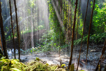 Beautiful waterfall cascading through a lush cave in a tropical forest in Thailand.