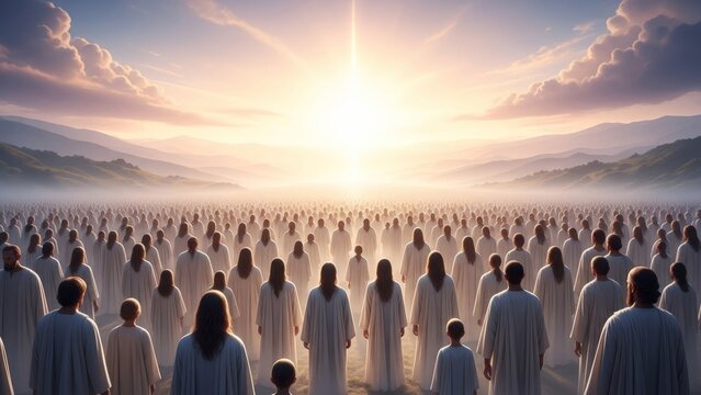 A multitud of people in white robes standing in a vast field, looking towards a bright light in the sky. Spiritual gathering or resurrection concept.