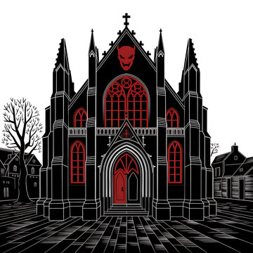 Sinister gothic cathedral illustration featuring a red devil skull symbol