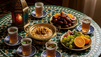Traditional Moroccan iftar table setting with food and drink