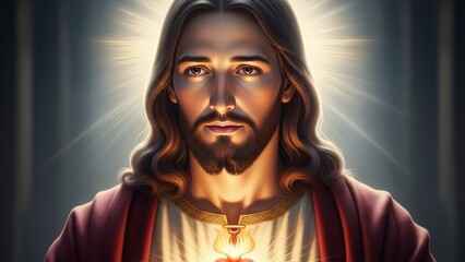 Fototapeta premium Portrait of Jesus Christ with a halo of light and symbolic sacred heart, representing faith and spirituality for Christian, Easter, or Christmas.