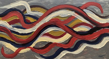 Energetic abstract art with bold flowing red white blue yellow lines swirling dynamically across a grey textured surface. AI Generated