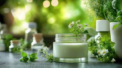 Open white cosmetic cream jar sits surrounded by fresh green herbs and delicate chamomile flowers suggesting natural skincare preparation bathed in soft sunlight