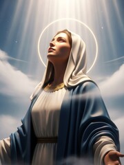 Naklejka premium Woman, Mary, looking up with halo. Religious iconography for spiritual devotion and Christian inspiration.