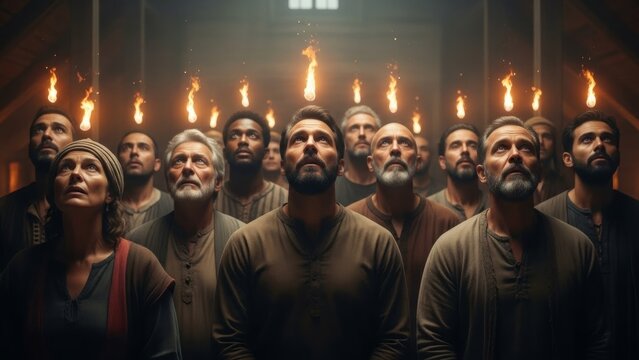 Many men and one woman looking up to flames, a religious concept evoking the Holy Spirit during Pentecost. Biblical or historical art illustration.