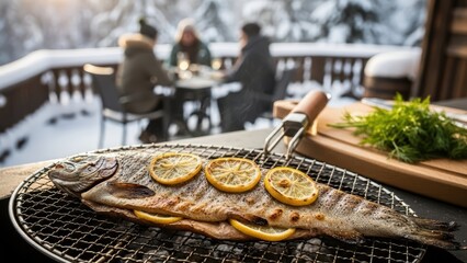 Grilled fish with lemon slices on a barbecue grill outdoors in winter