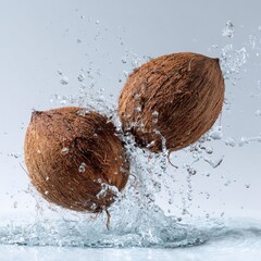 Two brown coconuts splash in clear water against a neutral background