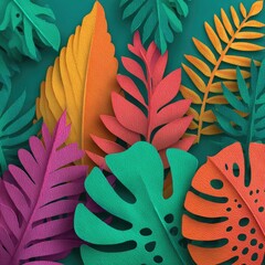 Colorful paper-cut tropical leaves on teal background with layered, vibrant texture
