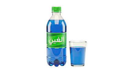 Blue Drink Bottle and Glass with Arabic Label