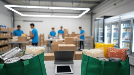 Grocery store warehouse with people working and bags of food on counter