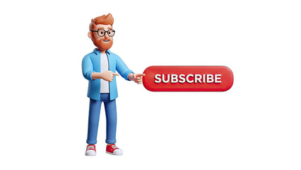 Cartoon man pointing at a red subscribe button