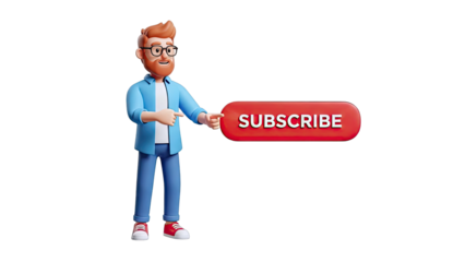 Cartoon man pointing at a red subscribe button