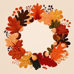 Autumn wreath with colorful leaves, acorns and berries, circular design