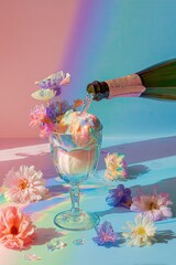 Iced dessert in glass with pastel flowers; drink pouring with rainbow lighting