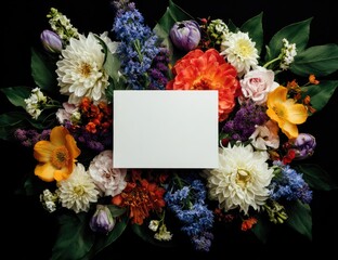 Colorful floral arrangement surrounds a blank card on black
