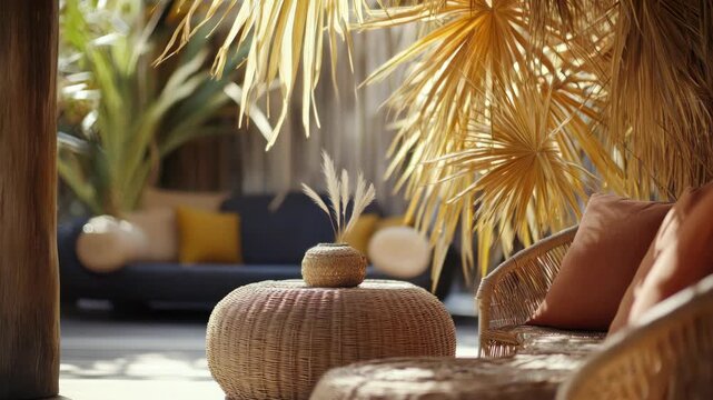 A tranquil tiki bar setting with rattan chairs and a table surrounded by palm tree leaves. Perfect for relaxing under the sun.