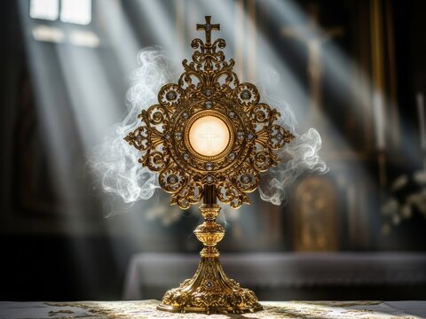 Golden monstrance on altar with glowing host and holy smoke. Sacrament of eucharist in church for religious worship and spiritual devotion.