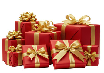 Fototapeta premium Elegant deep red gift boxes with shiny golden ribbons and bows, various sizes, neatly arranged on a transparent background with copy space. Festive celebration atmosphere
