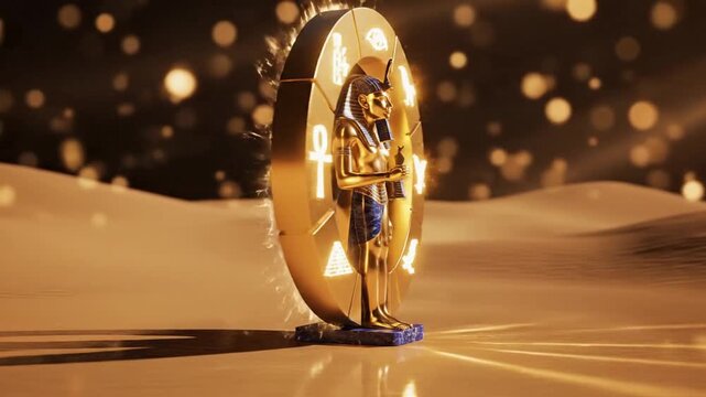 Ancient Egyptian Pharaoh Statue with Hieroglyphs and Golden Symbols in Desert Landscape.