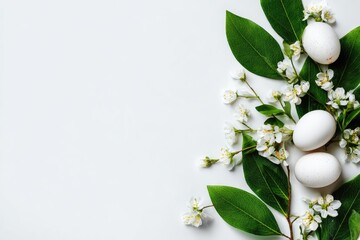Easter eggs nestled among green leaves and small white flowers, soft light