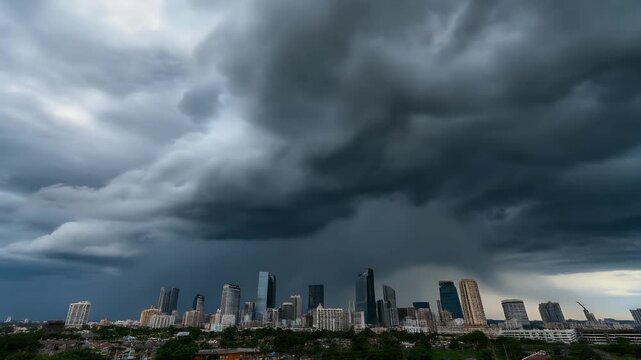 Ominous dark storm clouds rolling over a dense modern metropolitan city skyline