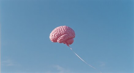 Pink brain balloon floats against a bright, clear blue sky in a surreal image