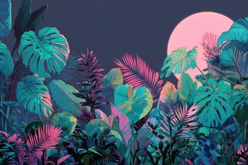 Tropical foliage, leaves in vivid turquoise and pink hues, moon in background