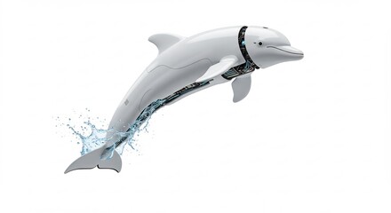Sleek robotic dolphin gracefully arcs from water with a dynamic splash against a clean white backdrop. AI Generated