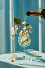 Wine pouring into glass with white blossoms & ice, against blue backdrop