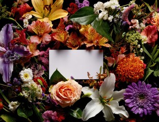 Vibrant flowers frame a blank card against a dark backdrop, inviting message