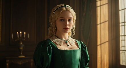 Blonde woman in rich green period dress gently lit by warm window light inside an elegant historical setting. AI Generated