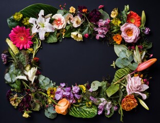 Floral oval arrangement of colorful assorted blooms on dark, sleek surface