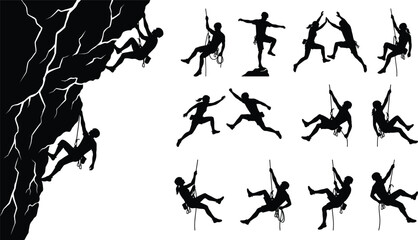 Rock climbing silhouettes set showing climbers rappelling jumping and ascending cliff isolated on white background extreme adventure sport illustration