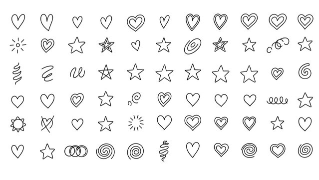 Collection of line art doodle icons including hearts stars and celestial