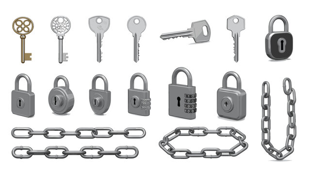 Collection of various keys locks chains and security devices