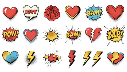 Collection of colorful comicstyle love and power icons and symbols