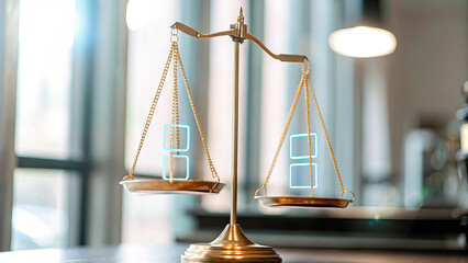 Legal compliance checklist with light effects concept. Balance scale with modern elements symbolizes fairness and justice.