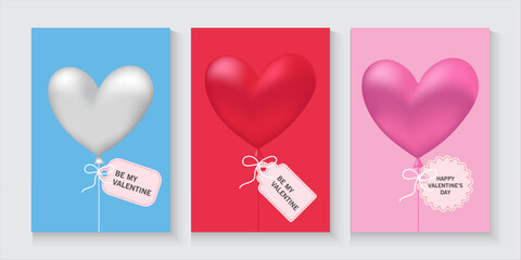 Valentines Day greeting card Creative concept. Trendy minimalist design with pink sky and 3d red and pink balloon hearts frame. Cute love sale banner greeting card. Valentine's day, vertical banners.