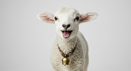 Playful fluffy white baby lamb bleating happily with a shining brass bell glowing under bright studio light. AI Generated