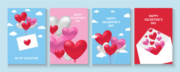 Valentines Day greeting card Creative concept. Trendy minimalist design with pink sky and 3d red and pink balloon hearts frame. Cute love sale banner greeting card. Valentine's day, vertical banners.