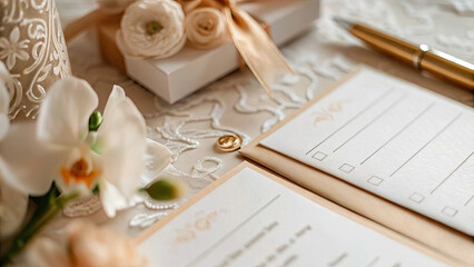 Close up view of checklist and wedding invitations concept. Elegant wedding details featuring flowers, stationery, and decor.