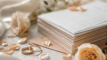 Close up view of checklist and wedding invitations concept. Elegant wedding rings and stationery surrounded by delicate roses.