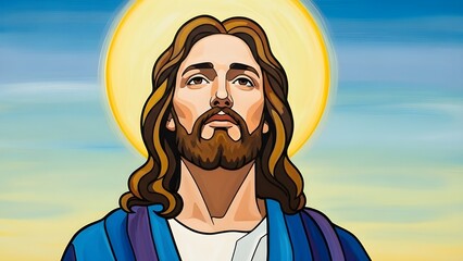 Jesus Christ Looking Upward with Golden Halo and Heavenly Light Illustration