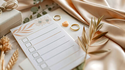 Close up view of checklist and wedding invitations concept. Elegant wedding planning essentials on silk fabric background.