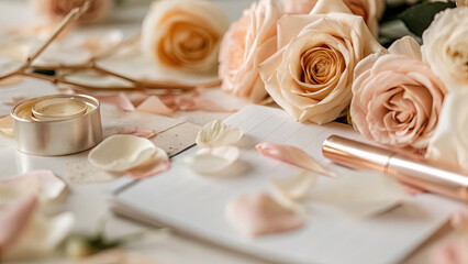Close up view of checklist and wedding invitations concept. Elegant workspace with roses, petals, and stationery for inspiration.