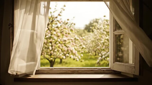 Open Window with Gently Blowing Sheer Curtains Overlooking a Beautiful Blooming Spring Orchard