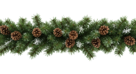 A meticulously crafted festive garland of lush green fir branches, natural brown pinecones, and frosted white accents, on a transparent background with copy space. Concept of festive celebration