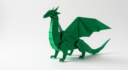 Green origami dragon elegantly folded standing on a pristine white background showcasing intricate paper art. AI Generated